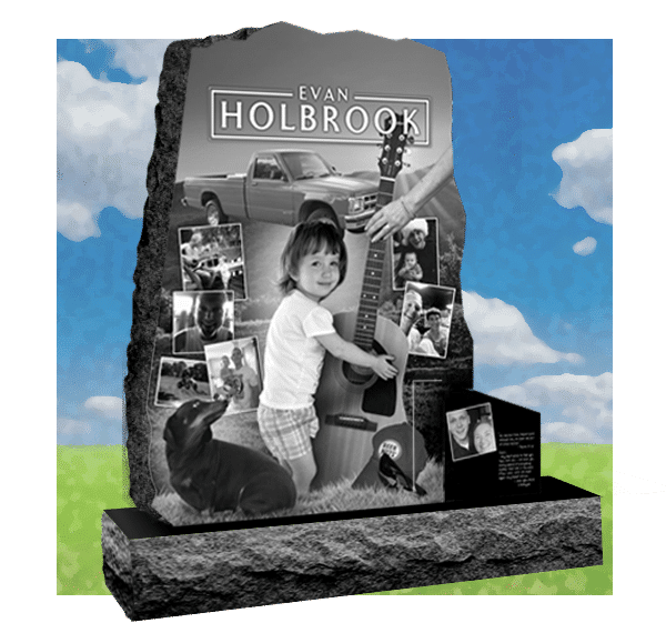 Laser etched photographic collage on granite