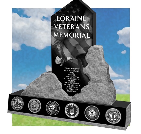 The Loraine Veterans Memorial, a civic monument with six service seals